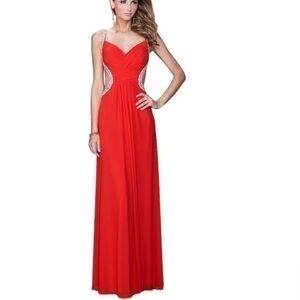 LA FEMME Red open back embellished straps gown